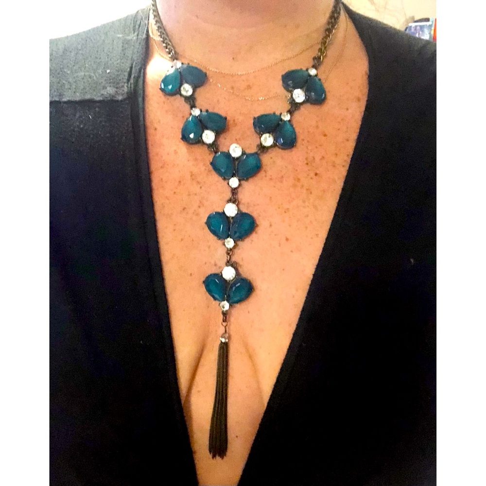 Anthropologie Teal Glass Lariat Statement Necklace - Picture 2 of 7